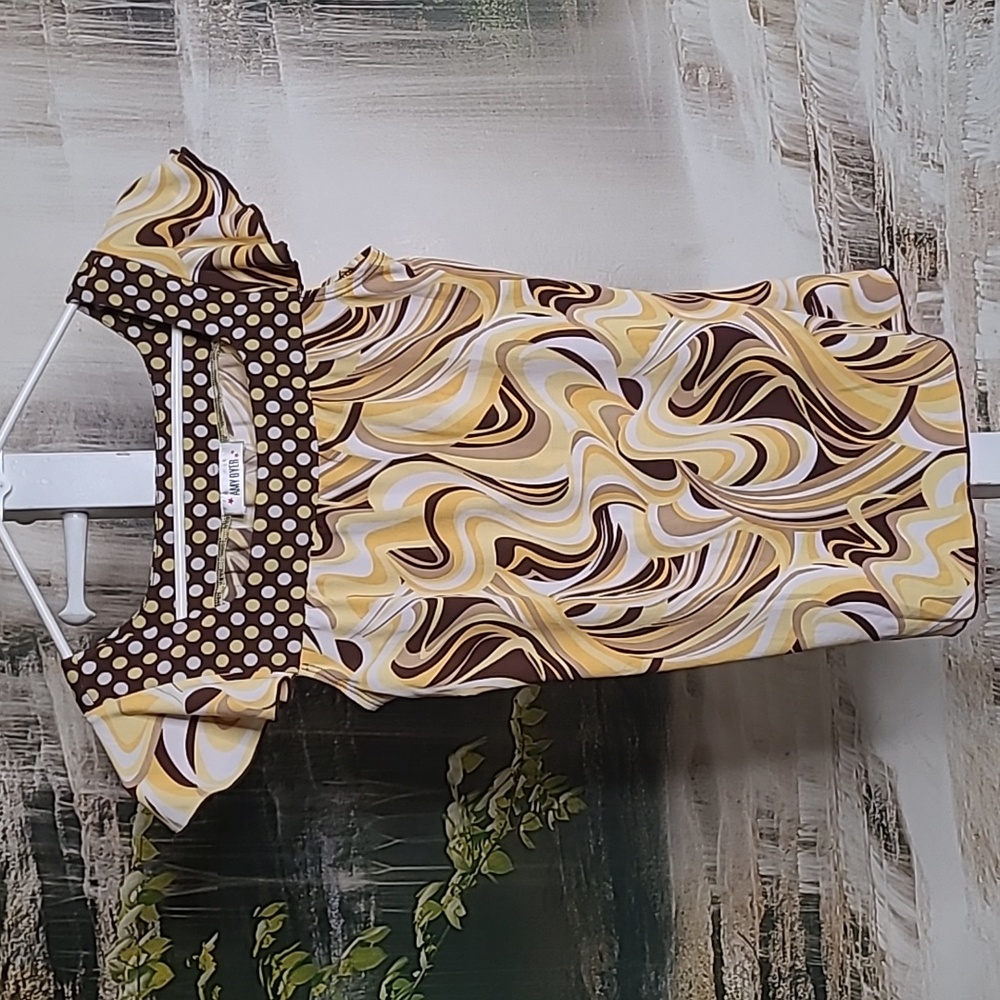Amy Byer Girls Large Brown Yellow Swirl Polka Dot Dress Top